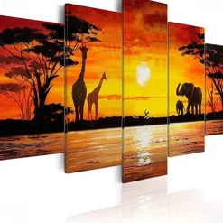 5 Panels Wall Art Canvas Prints Posters Painting Artwork Picture Elephant Animal Tree Sunset Home Decoration Décor Rolled Canvas With Stretched Frame
