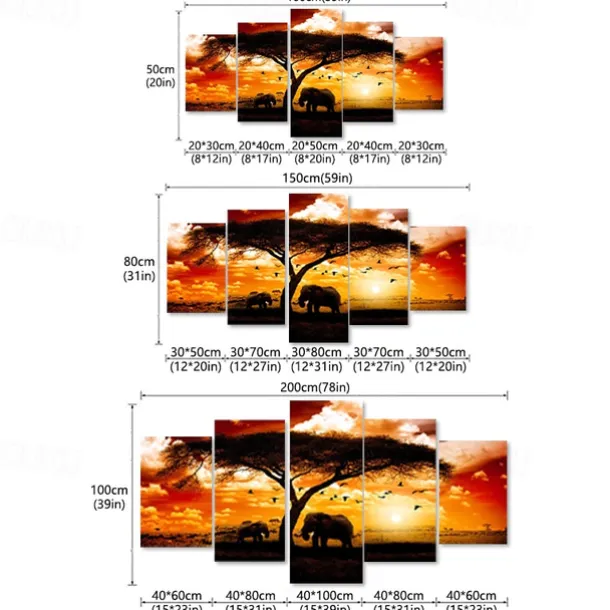 5 Panels Wall Art Canvas Prints Posters Painting Artwork Picture Elephant Animal Tree Sunset Home Decoration Décor Rolled Canvas With Stretched Frame