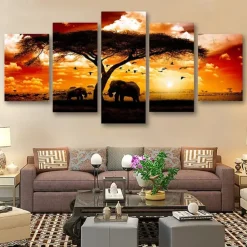 5 Panels Wall Art Canvas Prints Posters Painting Artwork Picture Elephant Animal Tree Sunset Home Decoration Décor Rolled Canvas With Stretched Frame