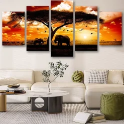 5 Panels Wall Art Canvas Prints Posters Painting Artwork Picture Elephant Animal Tree Sunset Home Decoration Décor Rolled Canvas With Stretched Frame