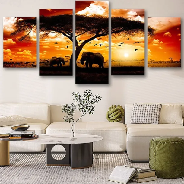5 Panels Wall Art Canvas Prints Posters Painting Artwork Picture Elephant Animal Tree Sunset Home Decoration Décor Rolled Canvas With Stretched Frame