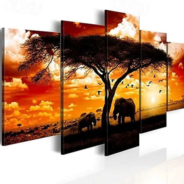 5 Panels Wall Art Canvas Prints Posters Painting Artwork Picture Elephant Animal Tree Sunset Home Decoration Décor Rolled Canvas With Stretched Frame