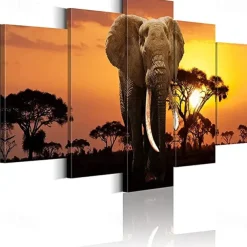 5 Panels Wall Art Canvas Prints Posters Painting Artwork Picture Elephant Animal Tree Sunset Home Decoration Décor Rolled Canvas With Stretched Frame