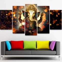 5 Panels Wall Art Canvas Prints Painting Artwork Picture Hindu God Ganesha Painting Home Decoration Decor Rolled Canvas No Frame Unframed Unstretched