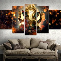 5 Panels Wall Art Canvas Prints Painting Artwork Picture Hindu God Ganesha Painting Home Decoration Decor Rolled Canvas No Frame Unframed Unstretched