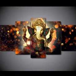 5 Panels Wall Art Canvas Prints Painting Artwork Picture Hindu God Ganesha Painting Home Decoration Decor Rolled Canvas No Frame Unframed Unstretched