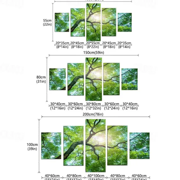5 Panels Wall Art Canvas Prints Posters Painting Artwork Picture Green Forest Sun Modern Home Decoration Décor Rolled Canvas With Stretched Frame