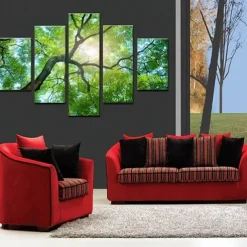 5 Panels Wall Art Canvas Prints Posters Painting Artwork Picture Green Forest Sun Modern Home Decoration Décor Rolled Canvas With Stretched Frame