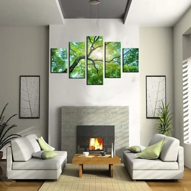 5 Panels Wall Art Canvas Prints Posters Painting Artwork Picture Green Forest Sun Modern Home Decoration Décor Rolled Canvas With Stretched Frame