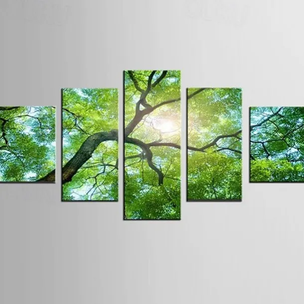 5 Panels Wall Art Canvas Prints Posters Painting Artwork Picture Green Forest Sun Modern Home Decoration Décor Rolled Canvas With Stretched Frame