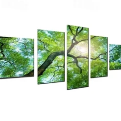 5 Panels Wall Art Canvas Prints Posters Painting Artwork Picture Green Forest Sun Modern Home Decoration Décor Rolled Canvas With Stretched Frame