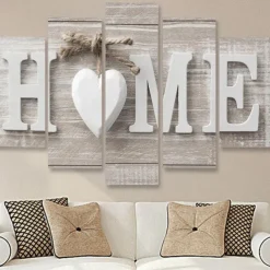 5 Panels Wall Art Canvas Prints Posters Painting Artwork Picture Love Home Letter Heart Wood Grain Modern Home Decoration Décor Rolled Canvas No Frame Unframed Unstretched