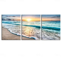 3 Panels Wall Art Canvas Prints Posters Painting Artwork Picture Blue Sea Sunset White Beach Landscape Modern Home Decoration Décor Rolled Canvas No Frame Unframed Unstretched