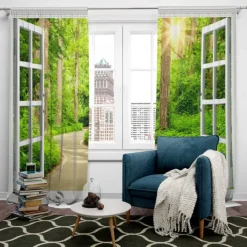 2 Panels Window View Forest Curtain Drapes Blackout Curtain For Living Room Bedroom Kitchen Window Treatments Thermal Insulated Room Darkening