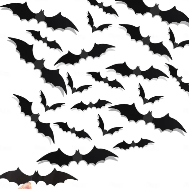 72 Pcs Bats Wall Decor Halloween Decorations, 3D Bat Stickers for Home Decor 4 Size Scary Black Spooky Bats Party Supplies