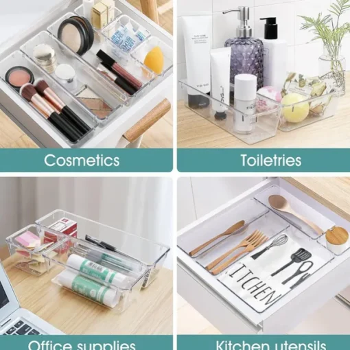 25 PCS Clear Plastic Drawer Organizers Set, 4-Size Versatile Bathroom and Vanity Drawer Organizer Trays, Storage Bins for Makeup, Bedroom, Kitchen Gadgets Utensils and Office