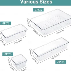 25 PCS Clear Plastic Drawer Organizers Set, 4-Size Versatile Bathroom and Vanity Drawer Organizer Trays, Storage Bins for Makeup, Bedroom, Kitchen Gadgets Utensils and Office