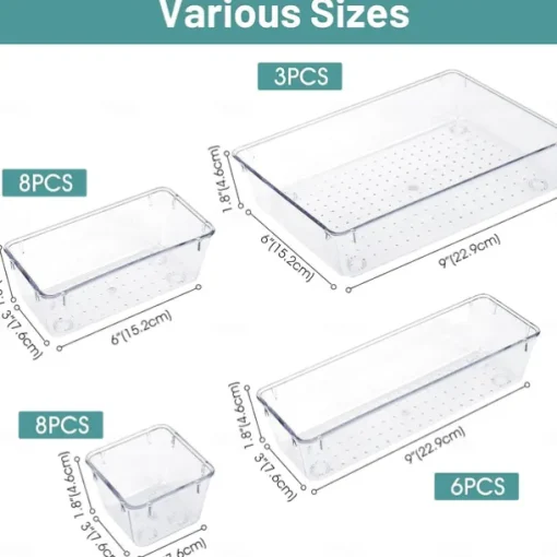 25 PCS Clear Plastic Drawer Organizers Set, 4-Size Versatile Bathroom and Vanity Drawer Organizer Trays, Storage Bins for Makeup, Bedroom, Kitchen Gadgets Utensils and Office