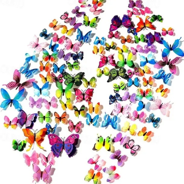 120 PCS 3D Colorful Butterfly Wall Stickers DIY Art Decor Crafts for Party Cosplay Wedding Offices Bedroom Room Glue Sticker Set (Single Wing and Double Wings Multicolor)