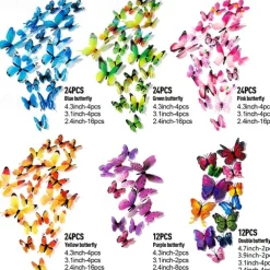 120 PCS 3D Colorful Butterfly Wall Stickers DIY Art Decor Crafts for Party Cosplay Wedding Offices Bedroom Room Glue Sticker Set (Single Wing and Double Wings Multicolor)