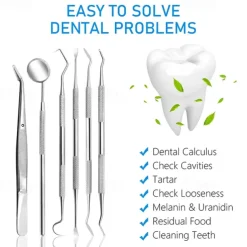 6 Pcs Dental Tools- Plaque Remover for Teeth - Professional Dental Hygiene Cleaning Kit 6-Pcs Stainless Steel Oral Care Set with Tweezer Tartar Scalar Mouth Mirror