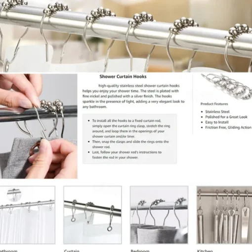 12 pcs Stainless Steel Curtain Hooks Bath Curtain Rollerball Shower Curtain Rings Hooks 5 Rollers Polished Satin Nickel Ball