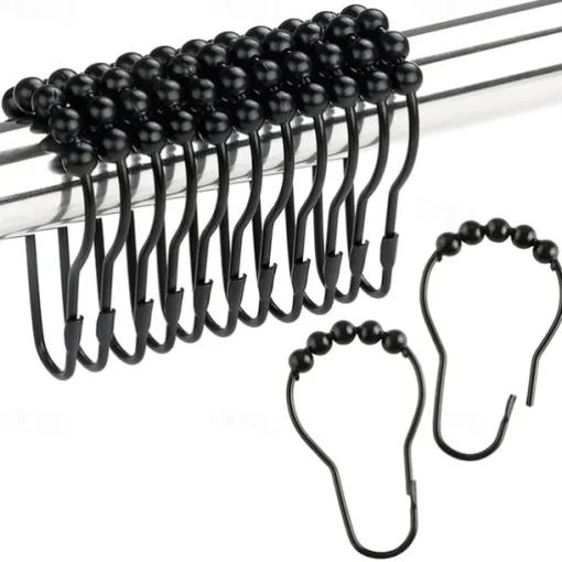 12 pcs Stainless Steel Curtain Hooks Bath Curtain Rollerball Shower Curtain Rings Hooks 5 Rollers Polished Satin Nickel Ball
