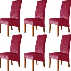 6 Pcs Stretch Dining Chair Covers, Burgundy XL/Oversized Spandex High Back Large Velvet Chair Cover Slipcover for Wedding Dining Room Kitchen Hotel Table Banquet