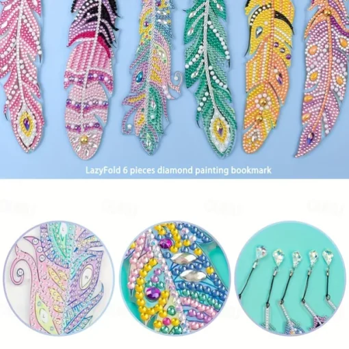 6 Pcs Whimsical Feather Bookmarks - Unique Irregular Diamond Painting Designs, DIY Animal-Themed Craft Kit with Easy-to-Follow Instructions, Perfect for Book Lovers and Craft Enthusiasts