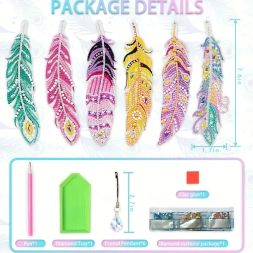 6 Pcs Whimsical Feather Bookmarks - Unique Irregular Diamond Painting Designs, DIY Animal-Themed Craft Kit with Easy-to-Follow Instructions, Perfect for Book Lovers and Craft Enthusiasts