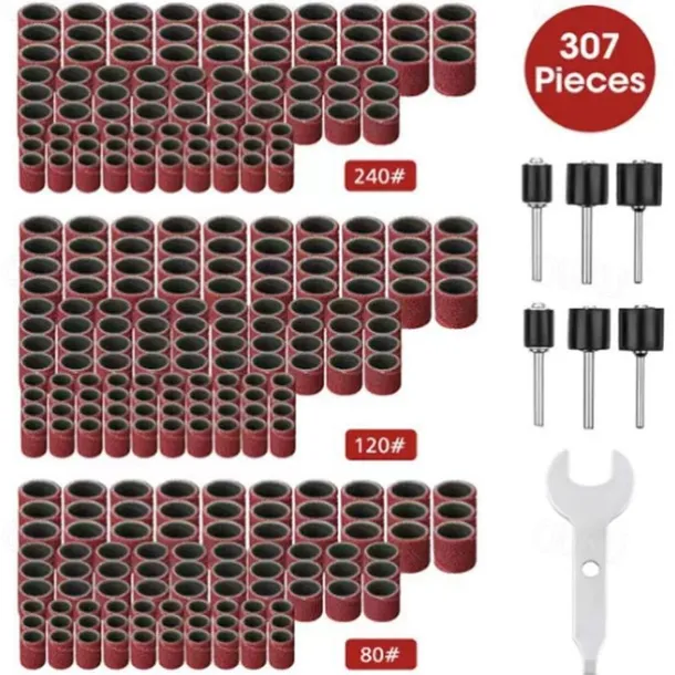 307 Pieces Drum Sander Set Sanding Drum Kit 300 Pieces Sanding Band Sleeves (80 /120 /240 ) + 6 Pieces Drum Mandrels for Dremel Rotary Tool (2.35Mm/3.17Mm)+ 1 Combination Wrench