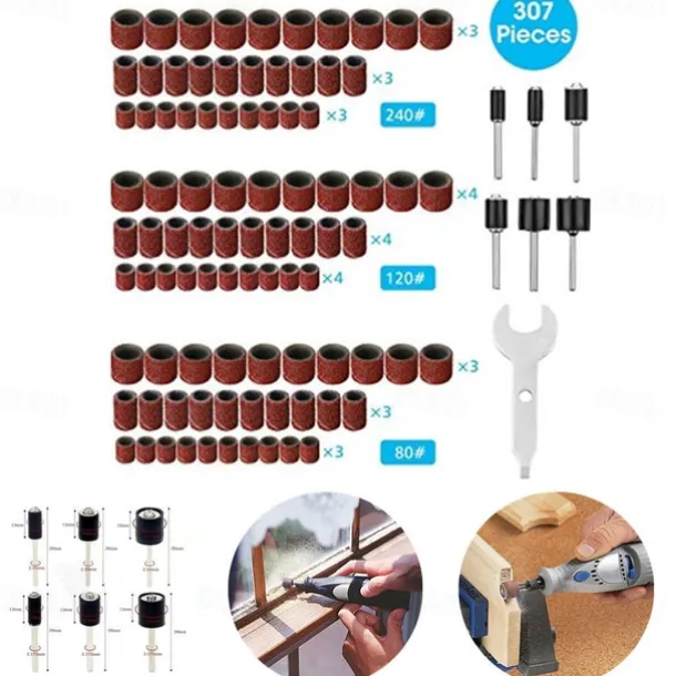 307 Pieces Drum Sander Set Sanding Drum Kit 300 Pieces Sanding Band Sleeves (80 /120 /240 ) + 6 Pieces Drum Mandrels for Dremel Rotary Tool (2.35Mm/3.17Mm)+ 1 Combination Wrench