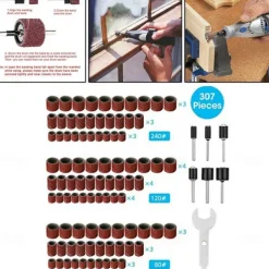 307 Pieces Drum Sander Set Sanding Drum Kit 300 Pieces Sanding Band Sleeves (80 /120 /240 ) + 6 Pieces Drum Mandrels for Dremel Rotary Tool (2.35Mm/3.17Mm)+ 1 Combination Wrench