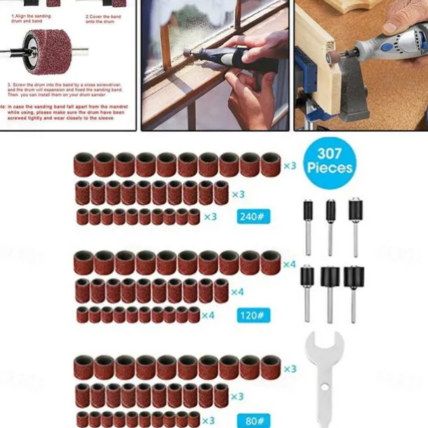 307 Pieces Drum Sander Set Sanding Drum Kit 300 Pieces Sanding Band Sleeves (80 /120 /240 ) + 6 Pieces Drum Mandrels for Dremel Rotary Tool (2.35Mm/3.17Mm)+ 1 Combination Wrench
