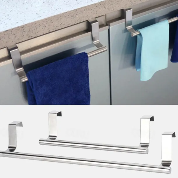 2 Pieces Punch Free Door Rear Hook Towel Rack Over Door Stainless Steel Single-bar Towel Rack Bathroom Kitchen Non-perforated Towel Rail Rag Rack Shelf Hanger