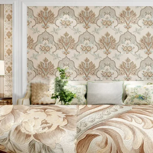 1 Roll 3D European Damask Non Self-adhesive Wallpaper Embossed Bedroom Headboard Living Room Background Wall Decoration Waterproof Wallpaper 950x53cm/374x20.87inch