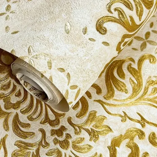 1 Roll 3D European Damask Non Self-adhesive Wallpaper Embossed Bedroom Headboard Living Room Background Wall Decoration Waterproof Wallpaper 950x53cm/374x20.87inch
