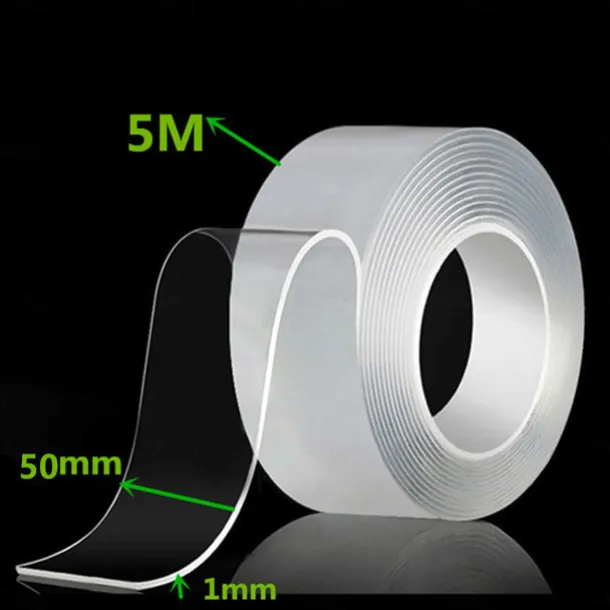 1 Roll 5M 2/3/5cm Width Transparent Double Sided Tape Nano Self-Adhesive Tape No Trace Reusable Tape Glue Sticker for Car Kitchen Bathroom