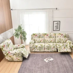 3 Seater Stretch Recliner Covers Couch Slipcover Reclining Cover Floral with Elastic Loop, Anti-cat Scratch Furniture Protector for Kids, Pets, Dogs, Cats