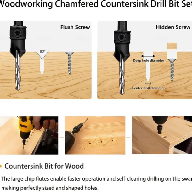 1 Set, Countersink Drill Bit Set, 6pcs Free Replaceable HSS Drill Bits For Wood Quick-Change Chamfered Adjustable Drilling Tool Kit On Pilot Counter Sink Holes For Woodworking