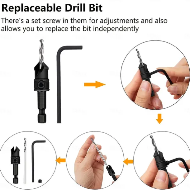 1 Set, Countersink Drill Bit Set, 6pcs Free Replaceable HSS Drill Bits For Wood Quick-Change Chamfered Adjustable Drilling Tool Kit On Pilot Counter Sink Holes For Woodworking
