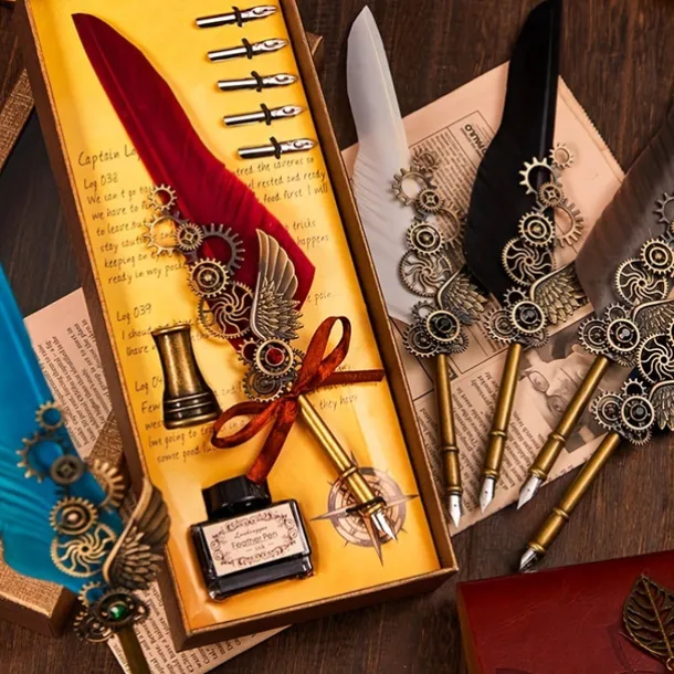 1 Set Gift Box Quill Pen Calligraphy Pen And Ink Pen Set Antique Writing Quilting Ink Dip Pen Mechanical Gear Steampunk Dip Pen For Drawing Signing And Vintage Decoration