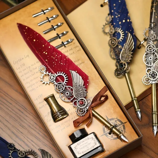 1 Set Gift Box Quill Pen Calligraphy Pen And Ink Pen Set Antique Writing Quilting Ink Dip Pen Mechanical Gear Steampunk Dip Pen For Drawing Signing And Vintage Decoration