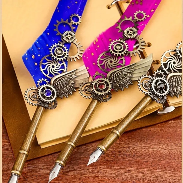 1 Set Gift Box Quill Pen Calligraphy Pen And Ink Pen Set Antique Writing Quilting Ink Dip Pen Mechanical Gear Steampunk Dip Pen For Drawing Signing And Vintage Decoration