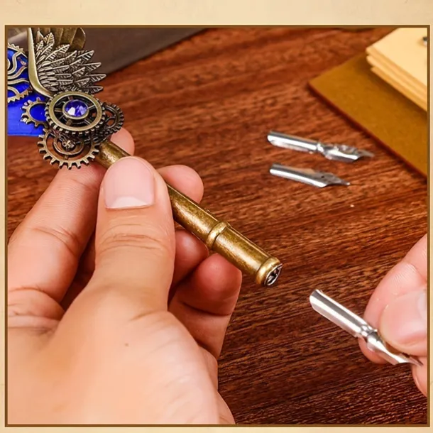 1 Set Gift Box Quill Pen Calligraphy Pen And Ink Pen Set Antique Writing Quilting Ink Dip Pen Mechanical Gear Steampunk Dip Pen For Drawing Signing And Vintage Decoration