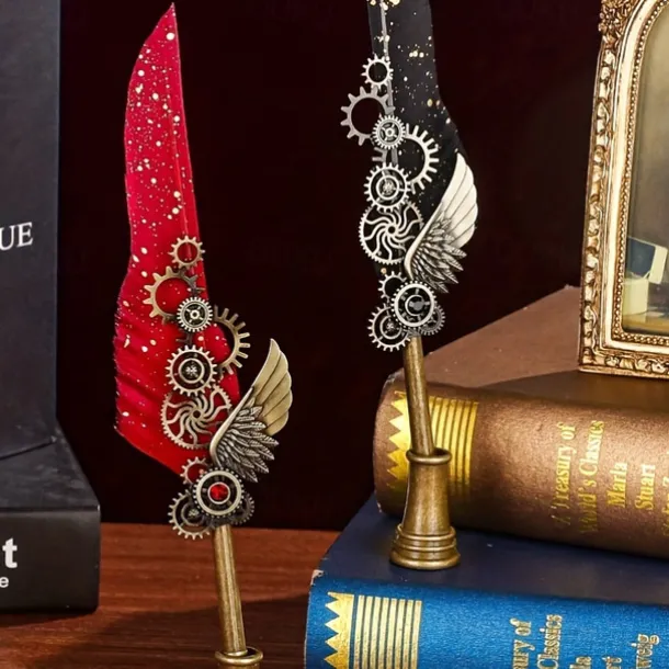 1 Set Gift Box Quill Pen Calligraphy Pen And Ink Pen Set Antique Writing Quilting Ink Dip Pen Mechanical Gear Steampunk Dip Pen For Drawing Signing And Vintage Decoration