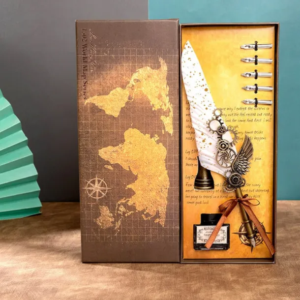 1 Set Gift Box Quill Pen Calligraphy Pen And Ink Pen Set Antique Writing Quilting Ink Dip Pen Mechanical Gear Steampunk Dip Pen For Drawing Signing And Vintage Decoration