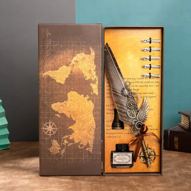1 Set Gift Box Quill Pen Calligraphy Pen And Ink Pen Set Antique Writing Quilting Ink Dip Pen Mechanical Gear Steampunk Dip Pen For Drawing Signing And Vintage Decoration