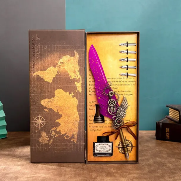 1 Set Gift Box Quill Pen Calligraphy Pen And Ink Pen Set Antique Writing Quilting Ink Dip Pen Mechanical Gear Steampunk Dip Pen For Drawing Signing And Vintage Decoration