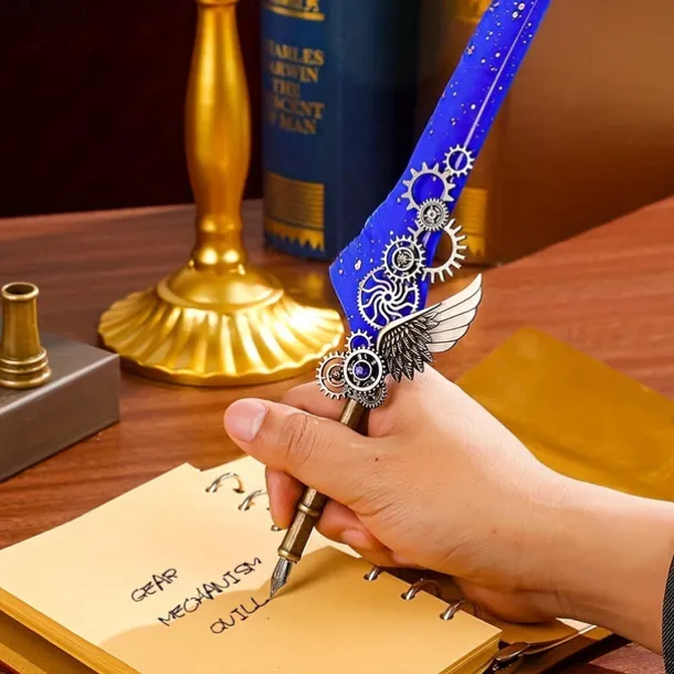 1 Set Gift Box Quill Pen Calligraphy Pen And Ink Pen Set Antique Writing Quilting Ink Dip Pen Mechanical Gear Steampunk Dip Pen For Drawing Signing And Vintage Decoration